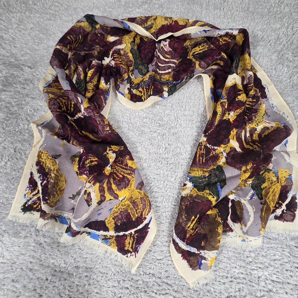Smithsonian Institution Wool Scarf Womens OS Burgundy Floral Vintage‎ Japan Art